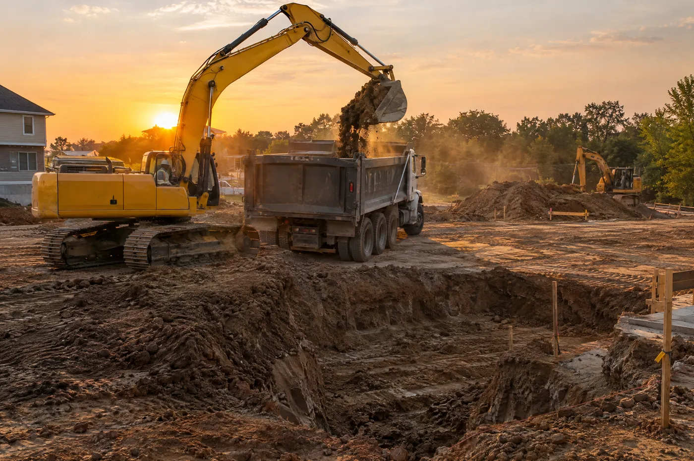 An excavator loading soil into a dump truck beside a foundation dig at sunset