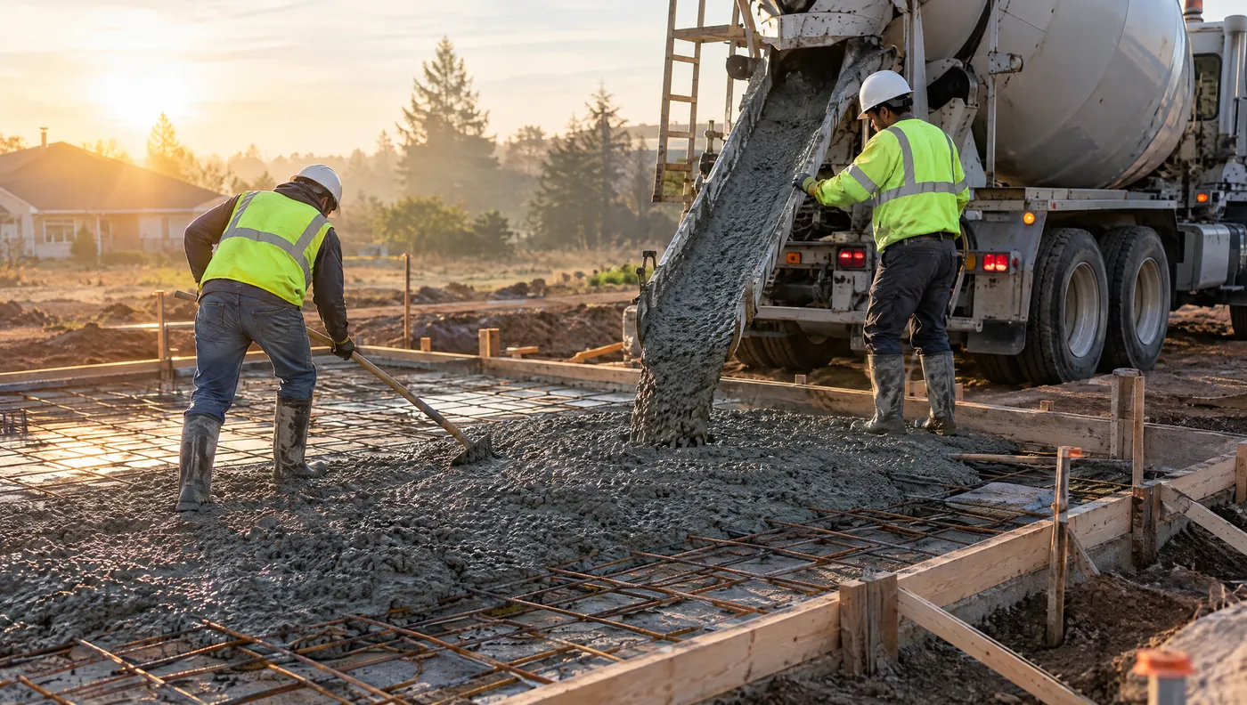 Concrete pouring from a mixer truck chute into a reinforced foundation form